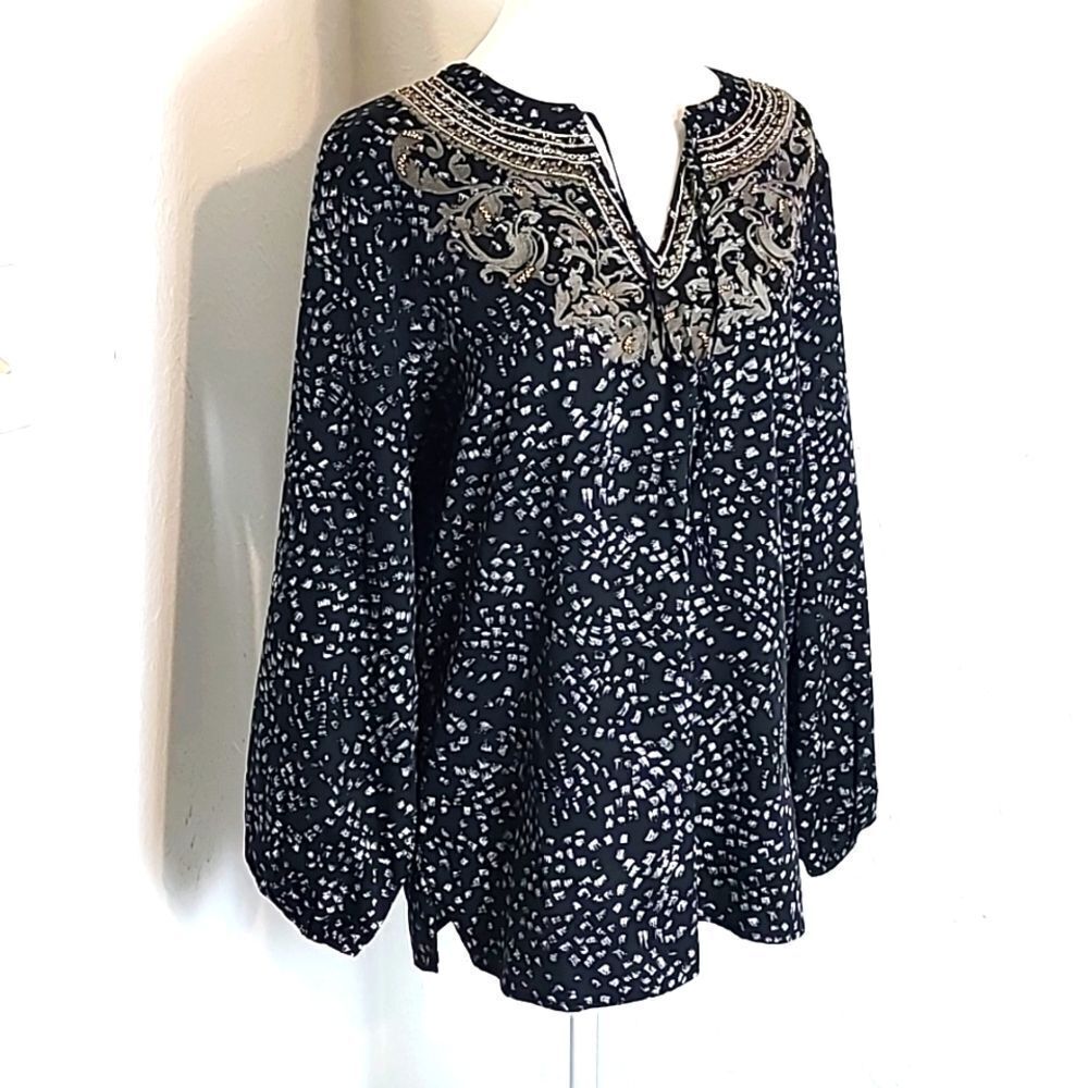 Chico's Black Blouse, White Dots, Gray Embroidered Neckline, Gold Beads,Sz 0,Sml - Picture 2 of 14